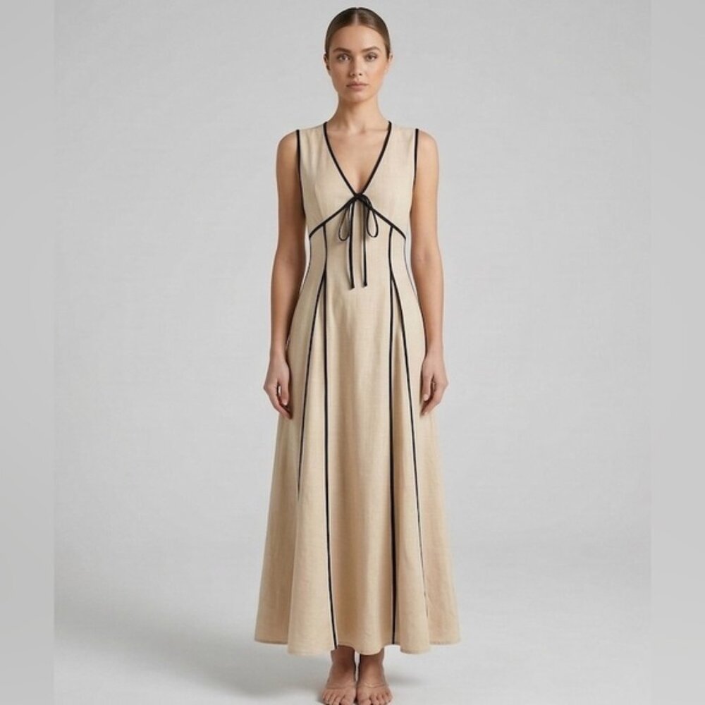 Contrast-Trimmed 100% Cotton Maxi Dress โ Sand & Black